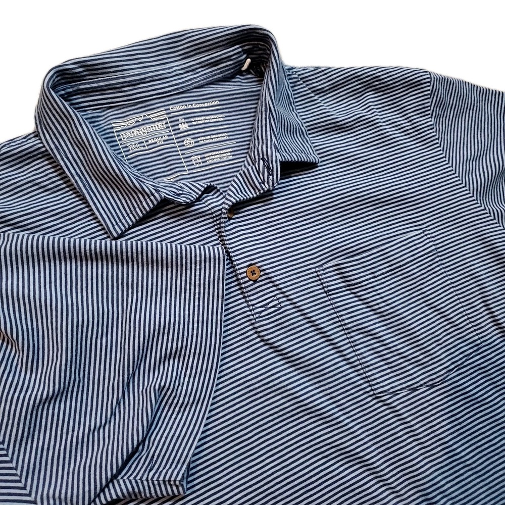 Patagonia Polo Shirt Mens XL Extra Large Blue Stripe Short Sleeve Cotton